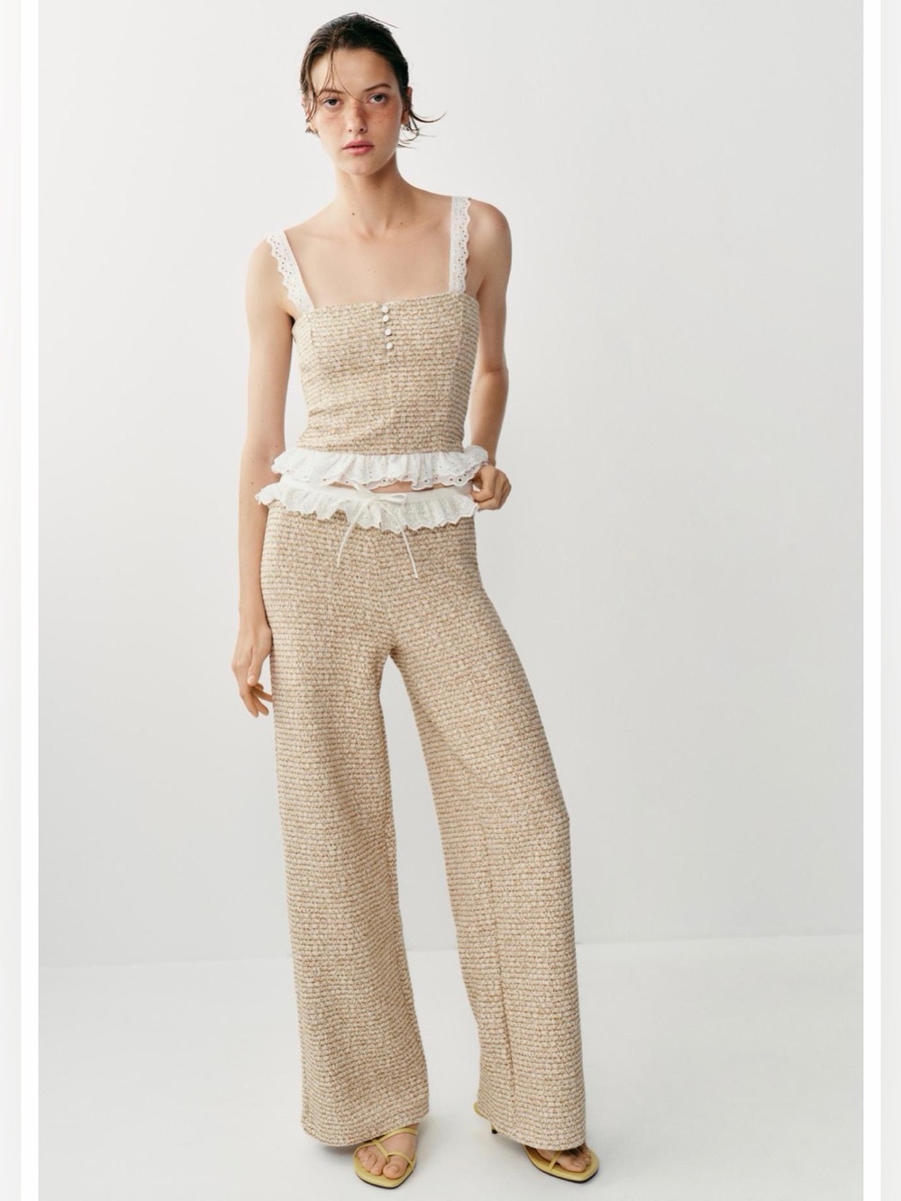 NWT Zara 2 Piece Set Women’s Ecru Knit Textured Ruffle Pants Top Lace Trim Ecru